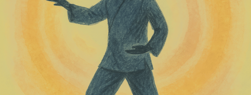 Ilustracija osobe u Qigong pozi, okružene toplim narančastim i žutim energetskim krugovima