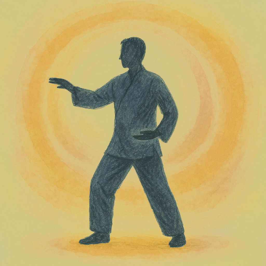 Ilustracija osobe u Qigong pozi, okružene toplim narančastim i žutim energetskim krugovima