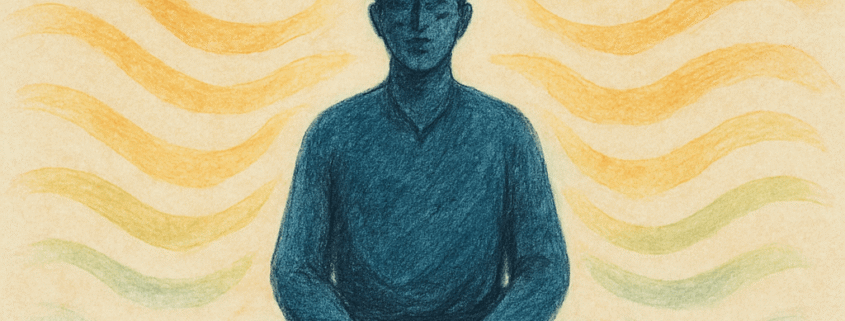 Ilustracija meditativne figure u sjedećem položaju iz koje zrače valovi energije u toplim tonovima