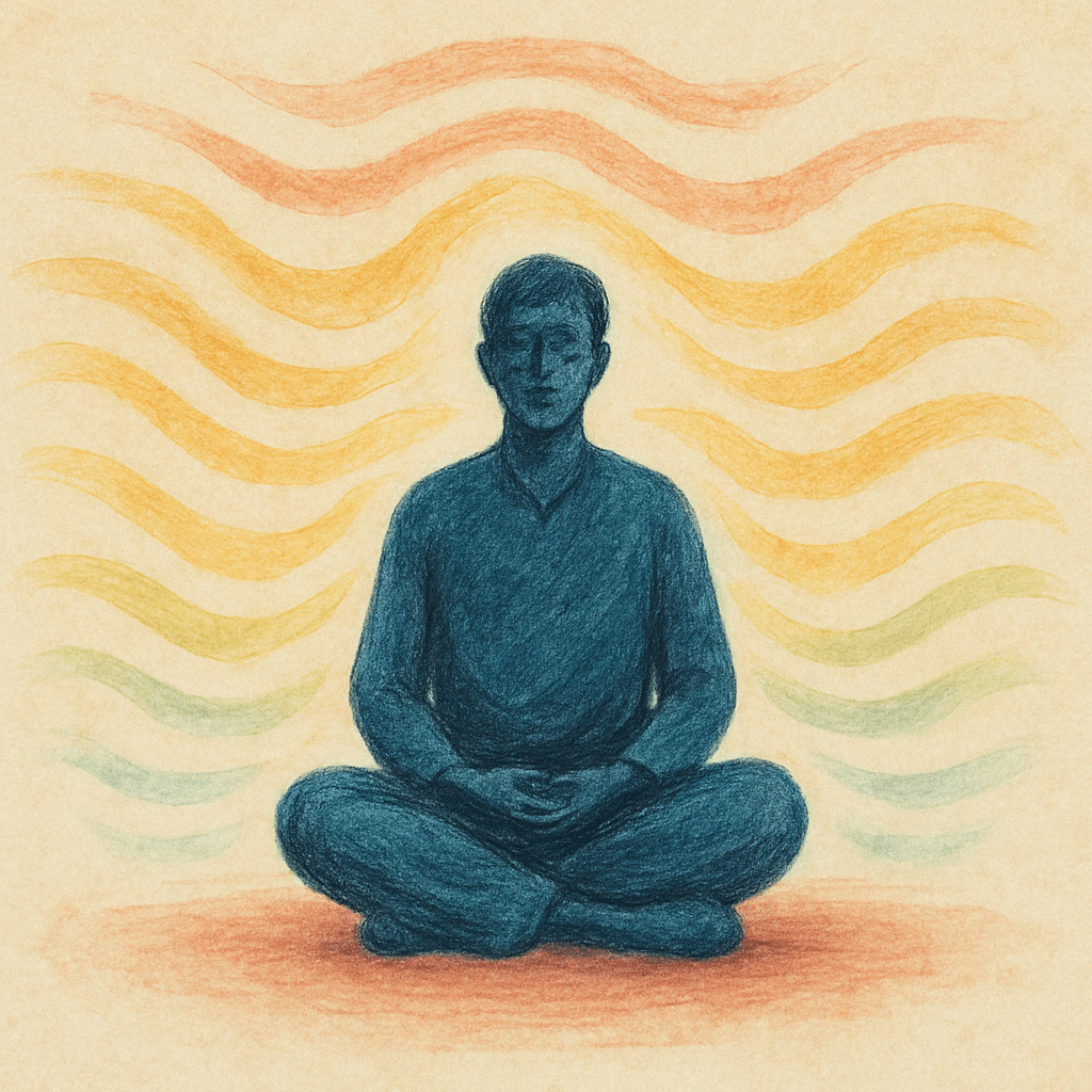 Ilustracija meditativne figure u sjedećem položaju iz koje zrače valovi energije u toplim tonovima