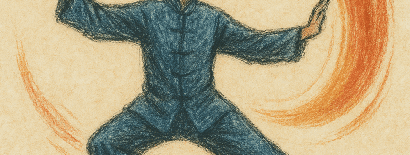 Ilustracija praktikanta Taijiquana u Chen stilu, dinamična poza s kružnim potezima kista u pozadini