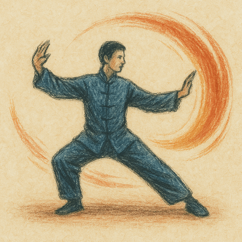 Ilustracija praktikanta Taijiquana u Chen stilu, dinamična poza s kružnim potezima kista u pozadini