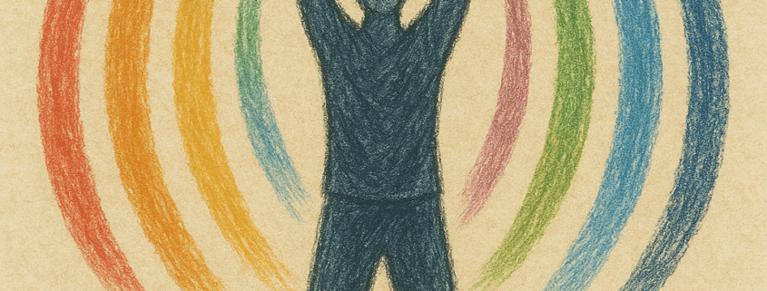 Ilustracija osobe u meditativnoj pozi, okružene osam živopisnih energetskih traka u duginim bojama