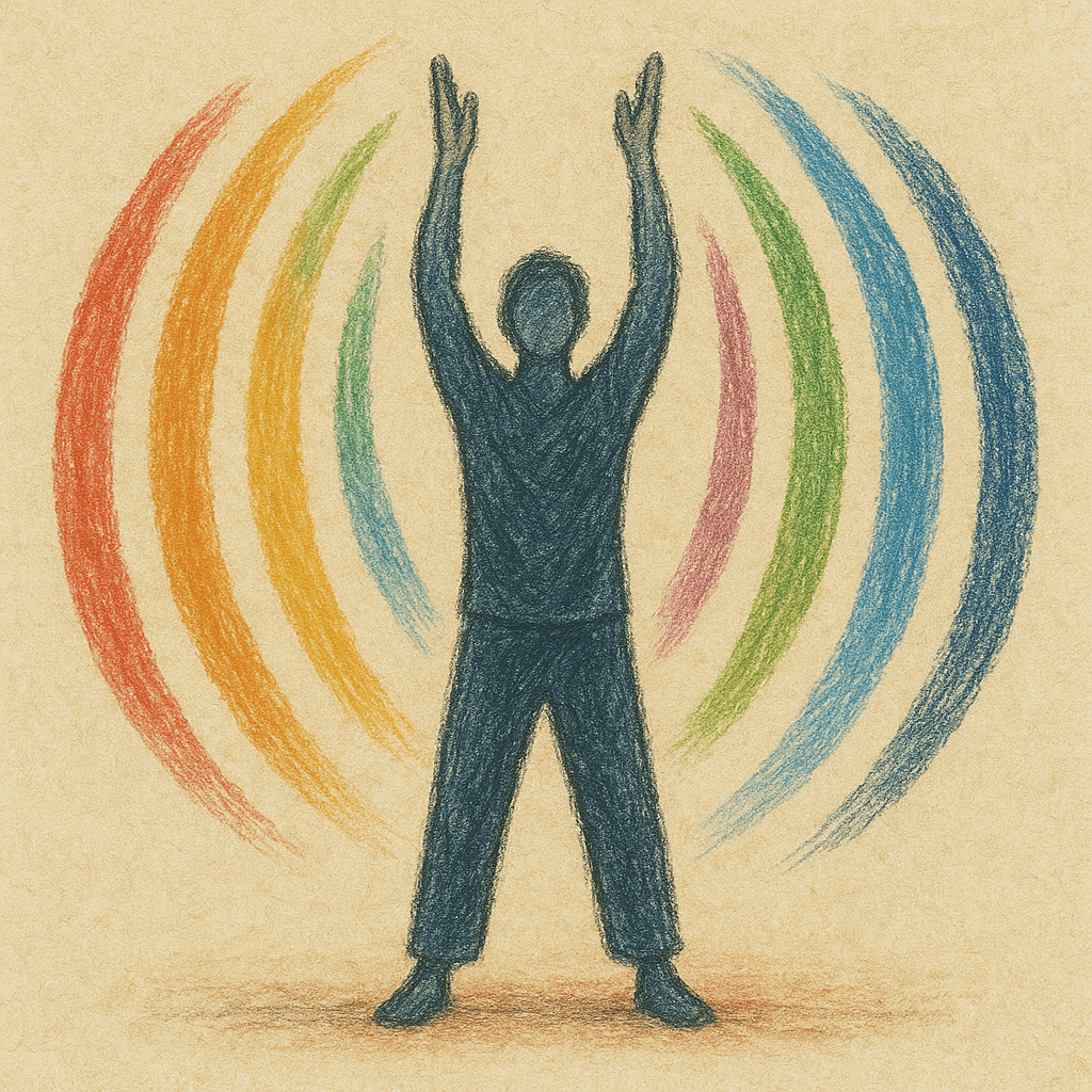 Ilustracija osobe u meditativnoj pozi, okružene osam živopisnih energetskih traka u duginim bojama