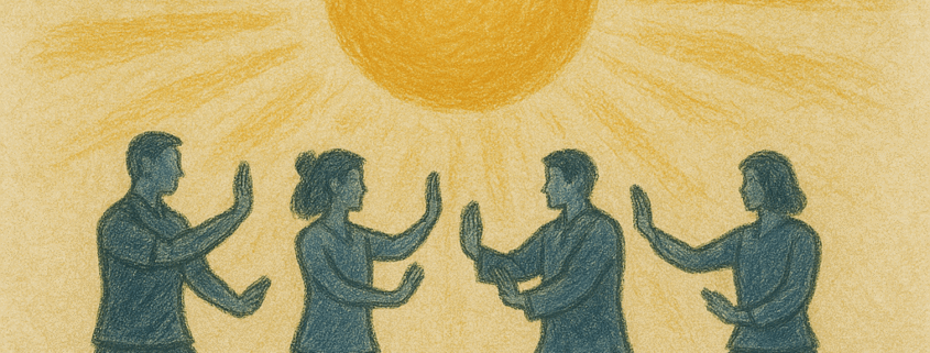 Ilustracija grupe muškaraca i žena koji zajedno vježbaju Qigong, u pozadini sunce koje simbolizira rast i zajedništvo