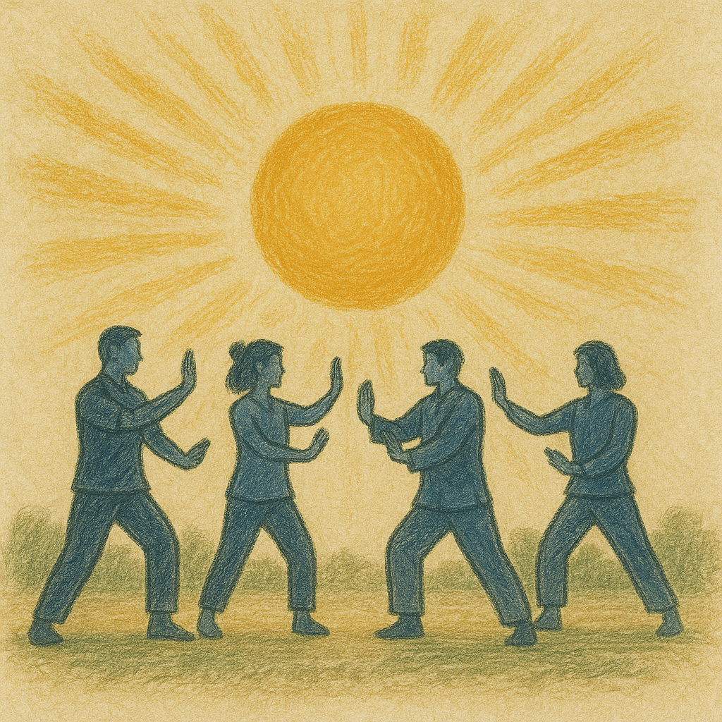 Ilustracija grupe muškaraca i žena koji zajedno vježbaju Qigong, u pozadini sunce koje simbolizira rast i zajedništvo