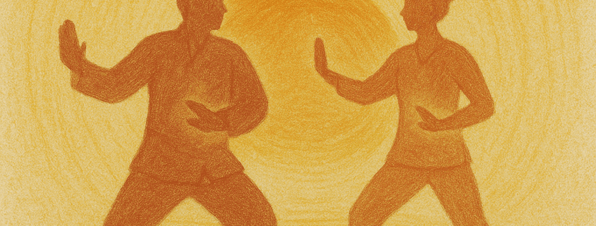 Ilustracija muškarca i žene koji vježbaju Qigong pred izlazećim suncem.